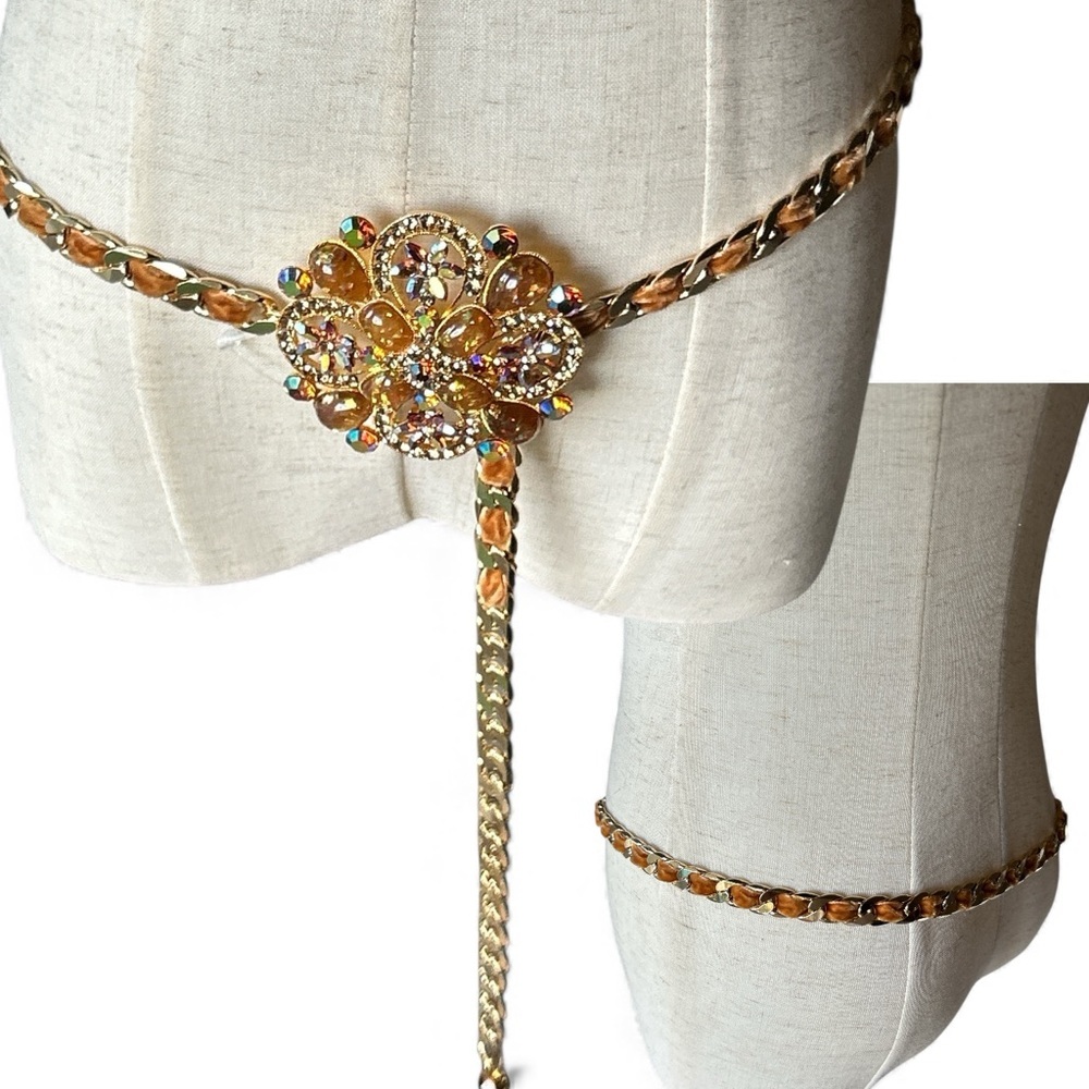 Jeweled & Rhinestone Chain Belt with Floral Accent. Gold & Brown 40” inches NWOT - Picture 3 of 11
